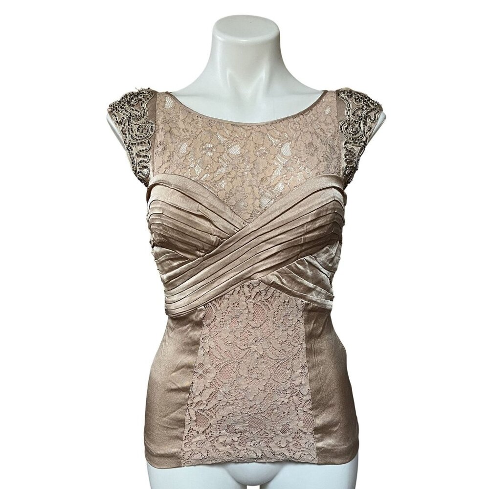 Bebe Retro 30s Lace Pleated Cocktail Corset Top Size Small Beaded Cap Sleeves
